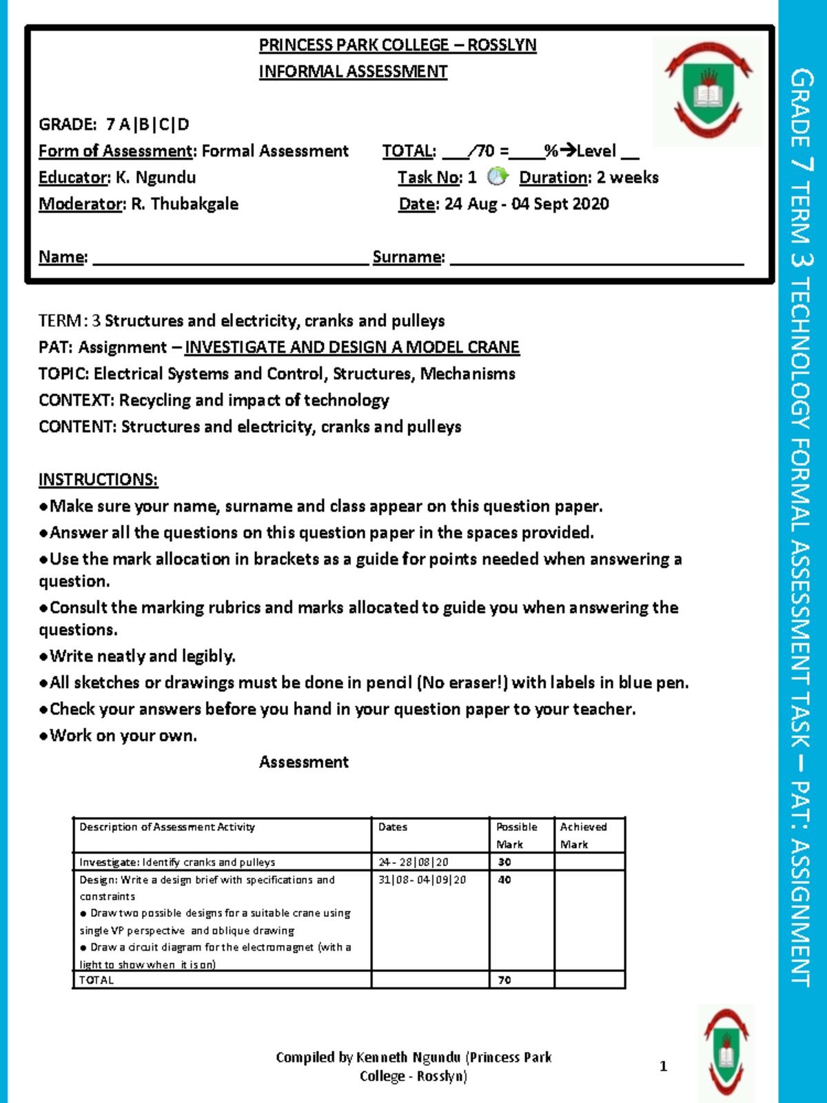 Grade 7 Term 3 Technology Formal Assessment Task-PAT - Assignment ...