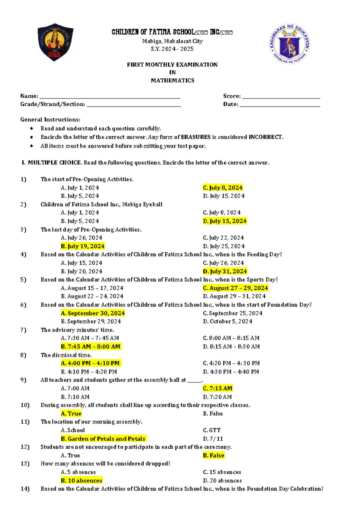 First Monthly EXAM IN Mathematics Reviewer - CHILDREN OF FATIMA SCHOOL ...