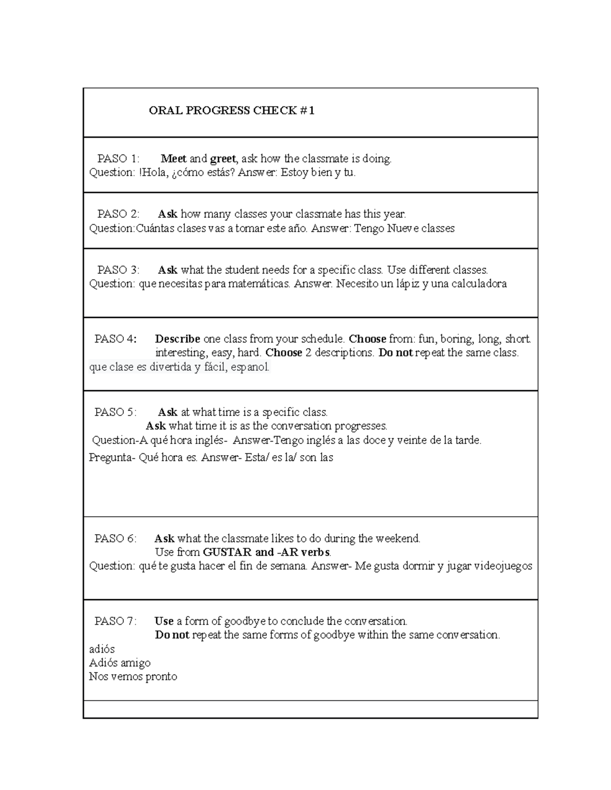 Copy of Español 2 ORAL Progress Check 1 ORAL PROGRESS CHECK 1