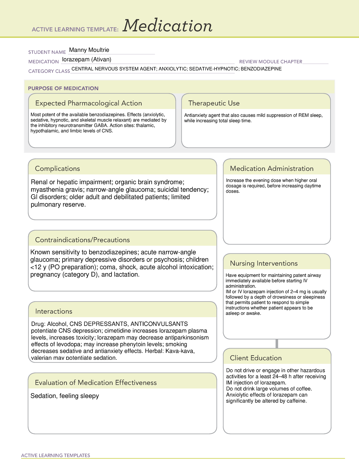 Ativan Medication Template for ATI - ####### ACTIVE LEARNING TEMPLATES ...