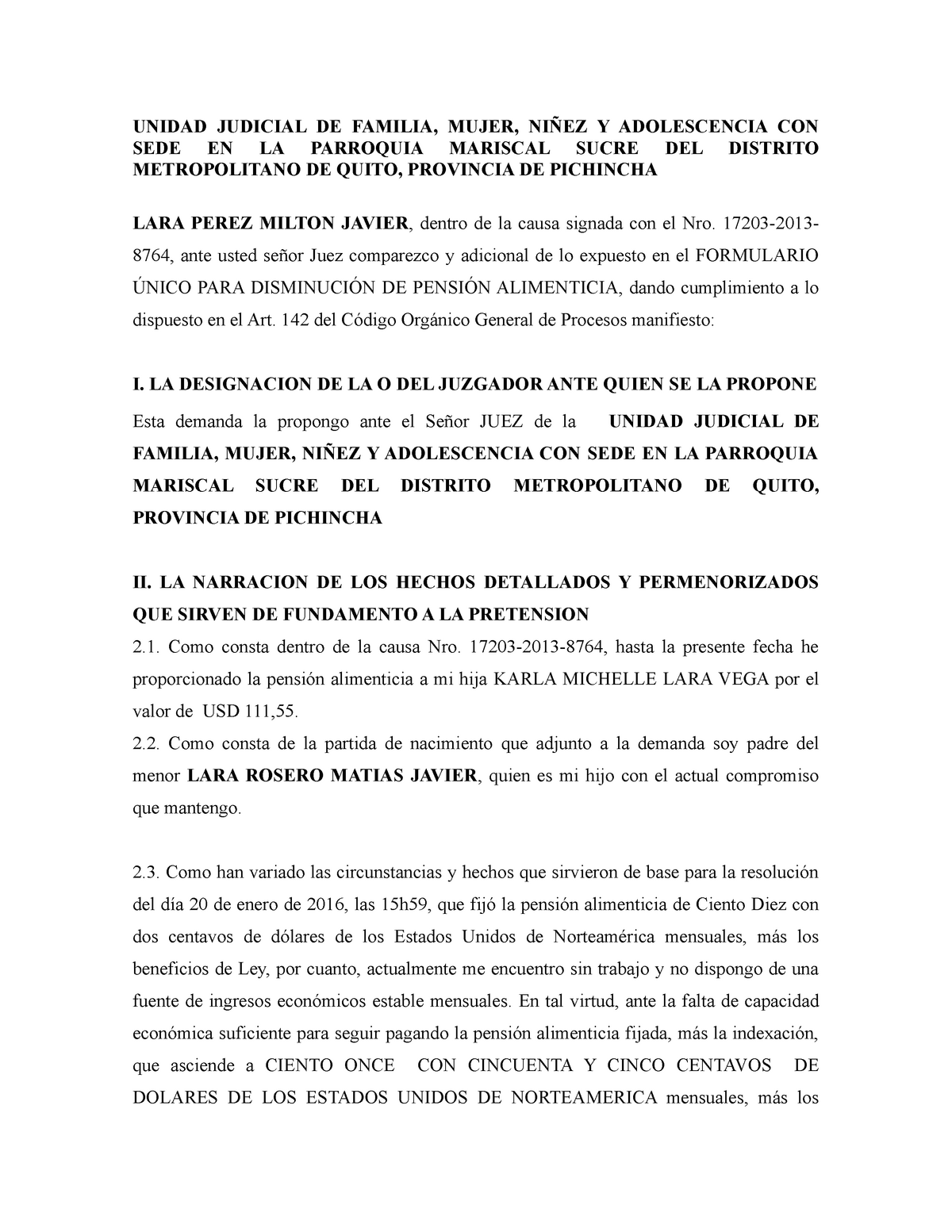 Modelo De Demanda De Disminucion De Pension Alimenticia Milton Lara