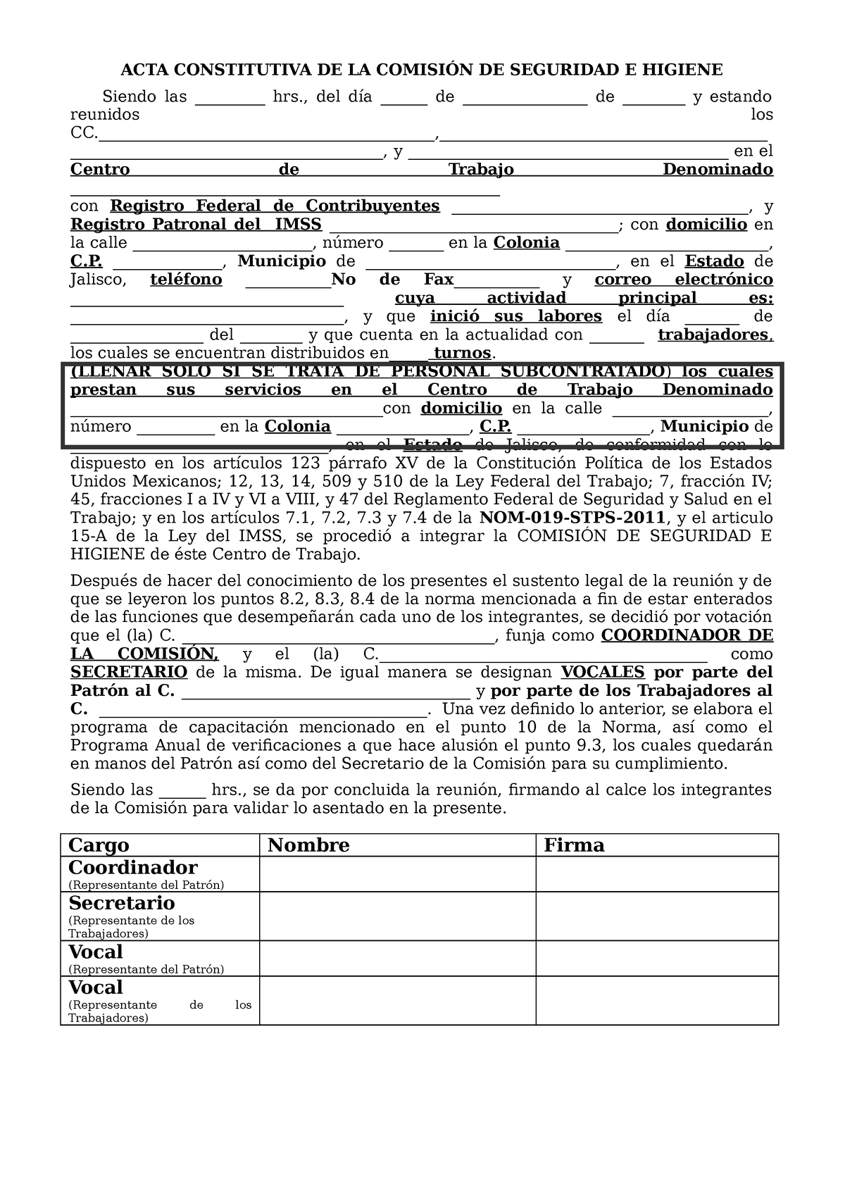 Formato Acta Constitutiva Acta Constitutiva De La ComisiÓn De Seguridad E Higiene Siendo Las 0548