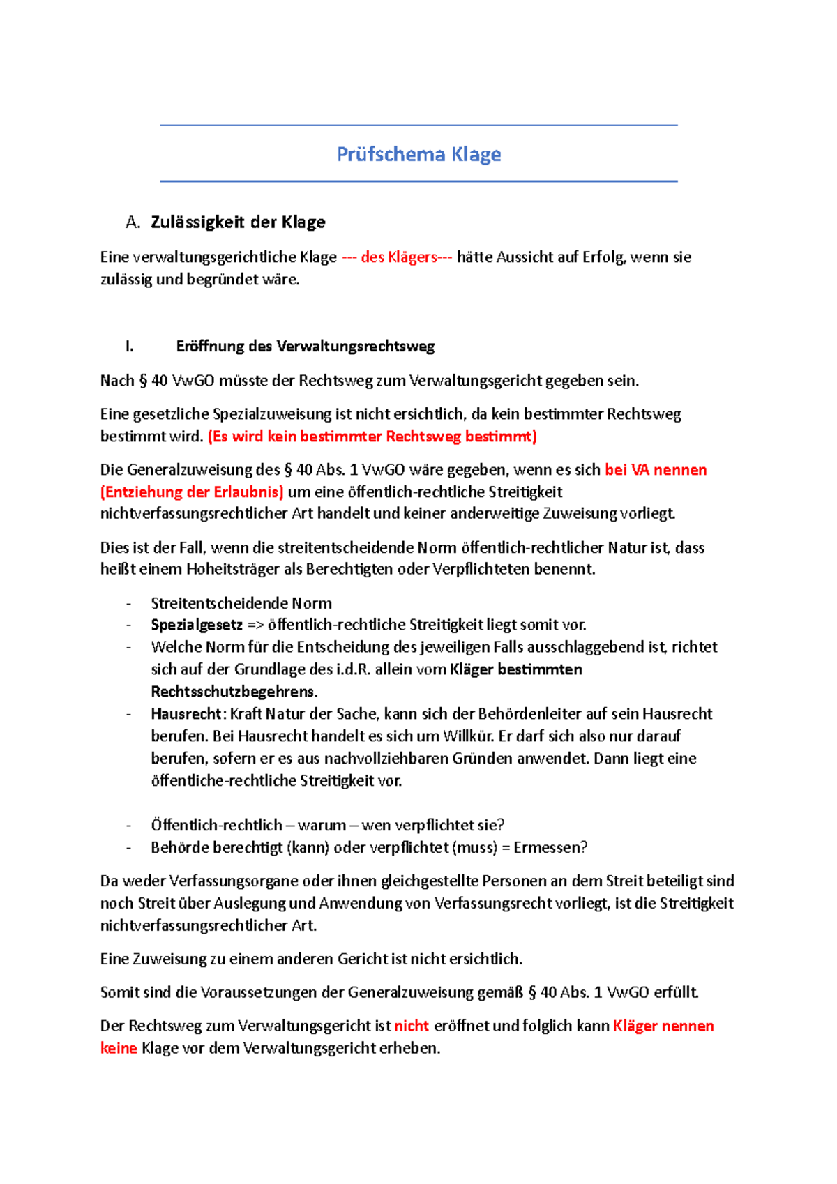 Klage Auf Vorzugsweise Befriedigung Prüfschema Klage - Übungsklausur - Herrn Dr. Tomerius