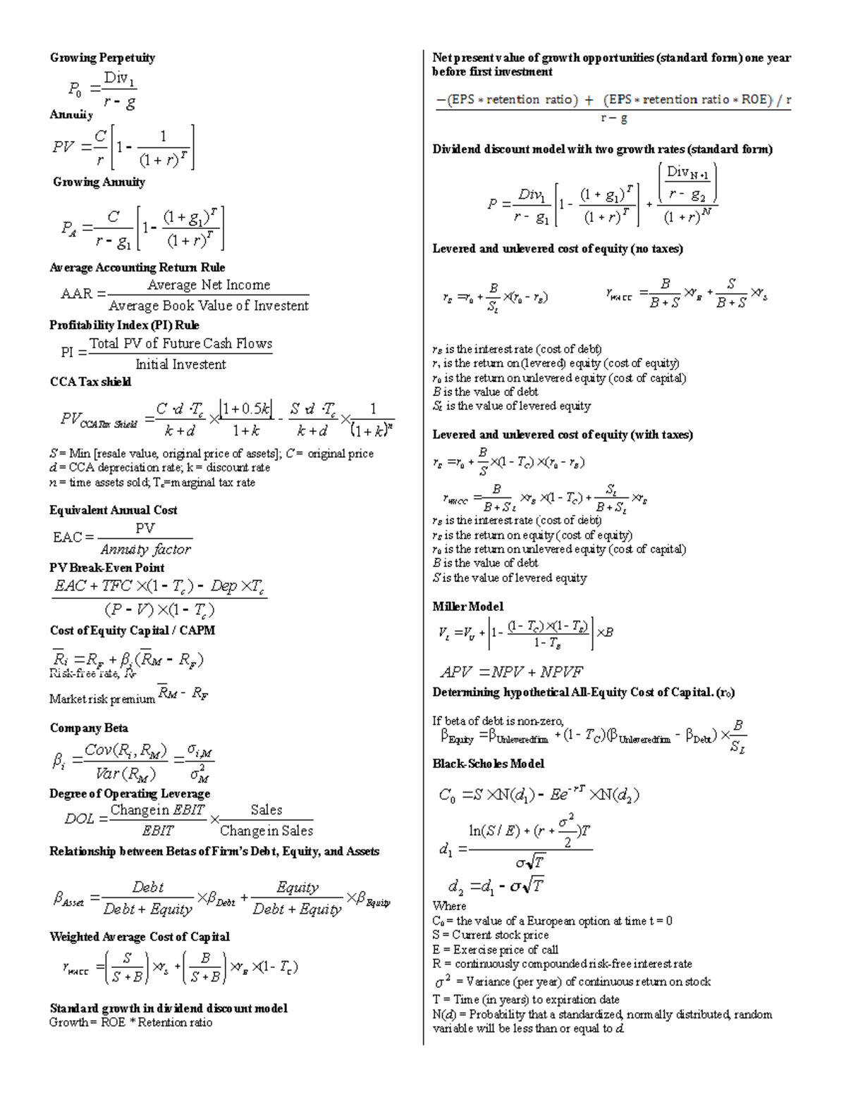 Formulasheet - formula sheet - Growing Perpetuity Annuity T r r C PV )1 ...