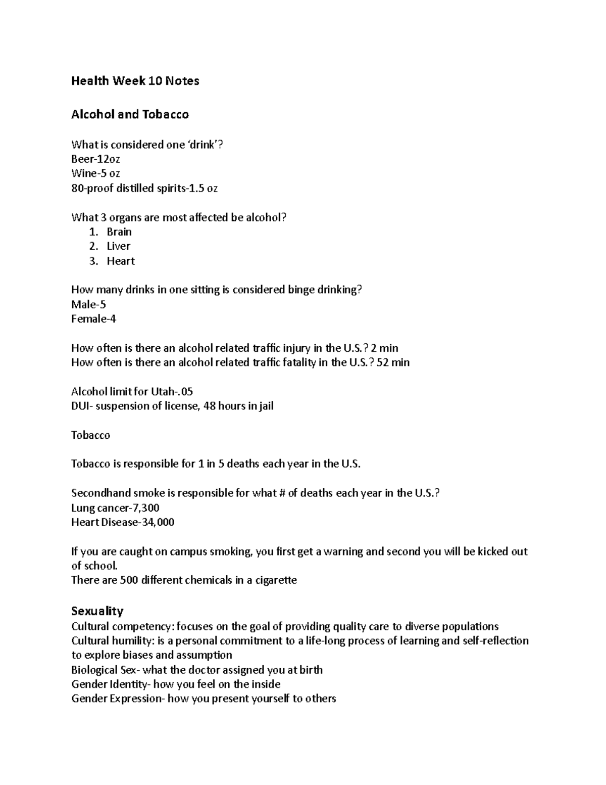 Health Week 10 Notes - Health Week 10 Notes Alcohol and Tobacco What is ...