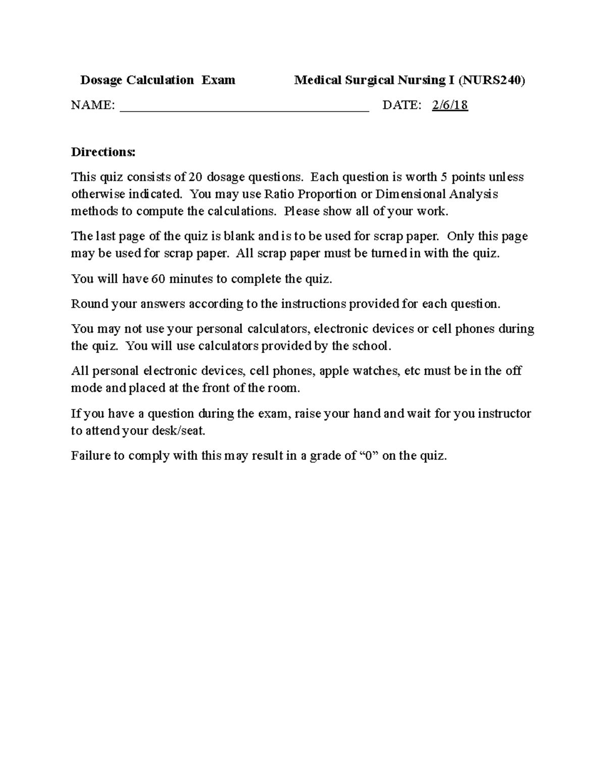 Dosage Calculation Exam Medical Practice Packet 3 - Dosage Calculation Exam Medical Surgical 