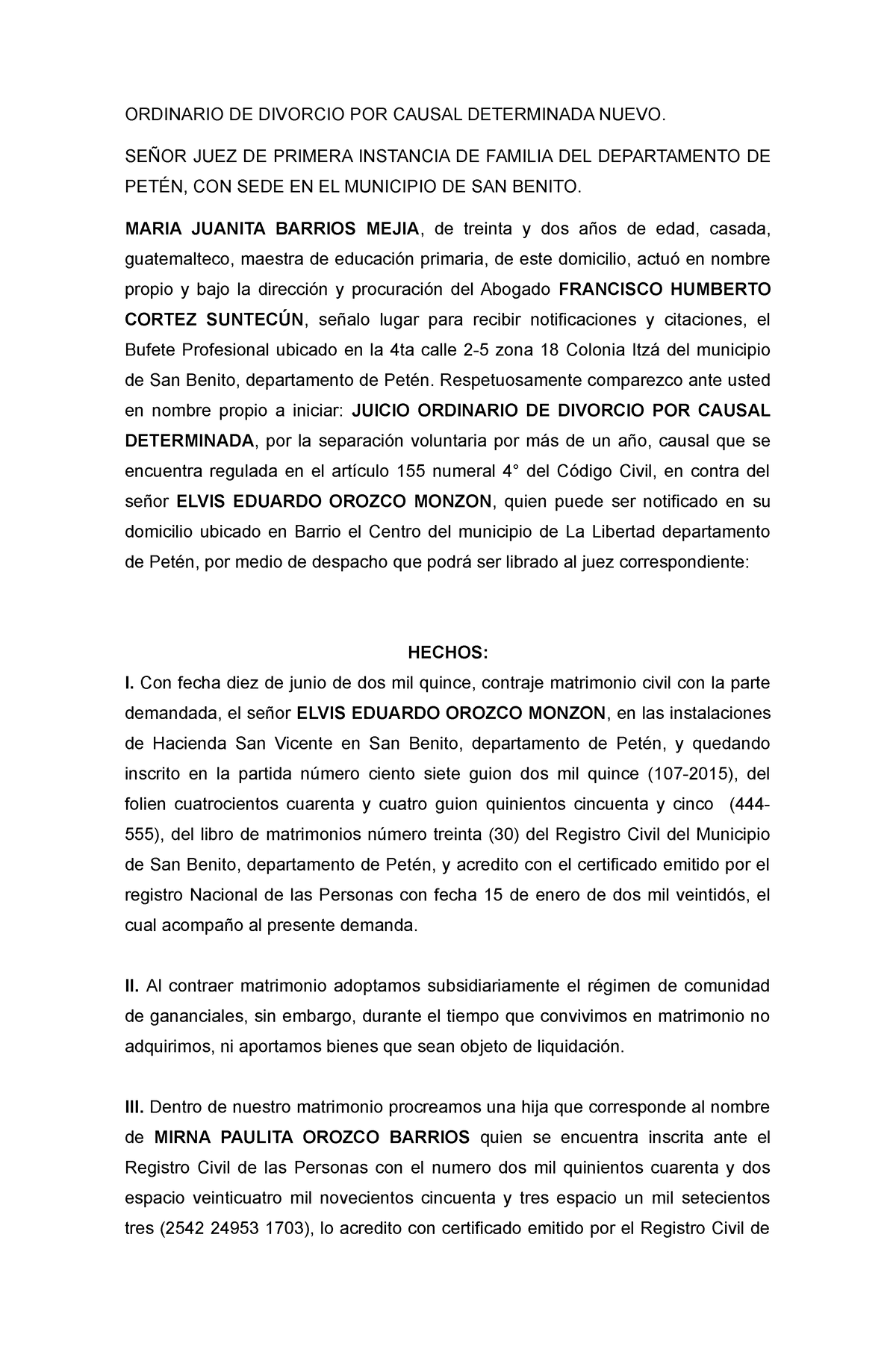 Ordinario DE Divorcio POR Causal Determinadaenpor VIA Ordinaria ...