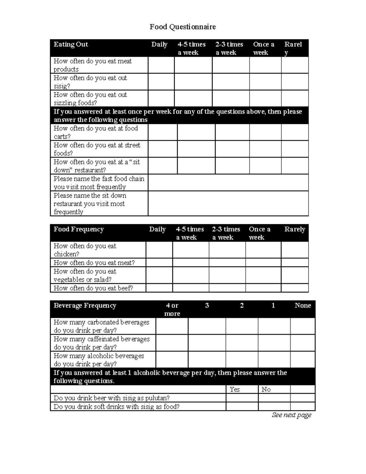 FOOD Questionnaire Food Questionnaire Eating Out Daily 4 5 Times A