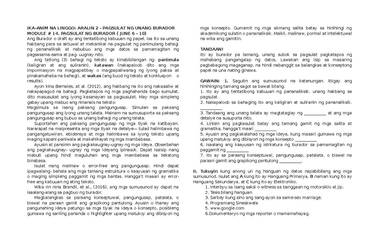 Las Pagbasa Th Q Ika Anim Na Linggo Aralin Pagsulat Ng Unang