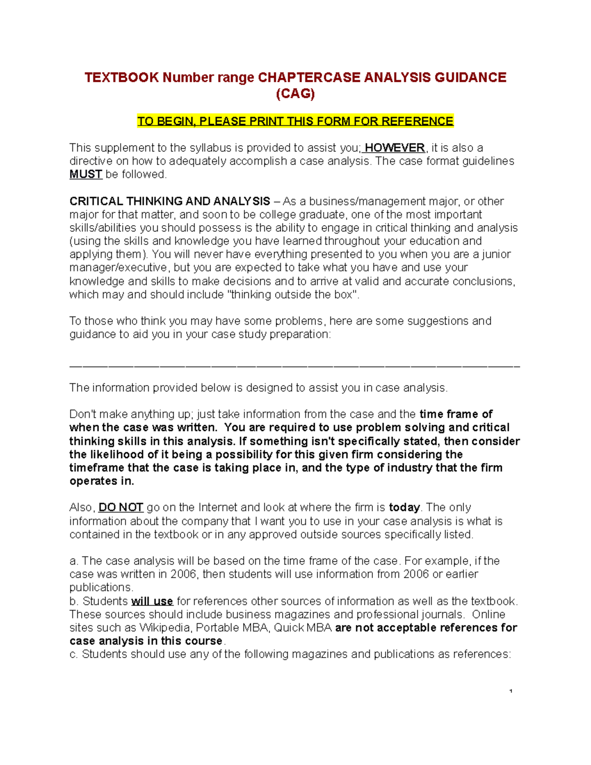 MG 495 Textbook CASE Analysis Guidance CAG - TEXTBOOK Number range ...