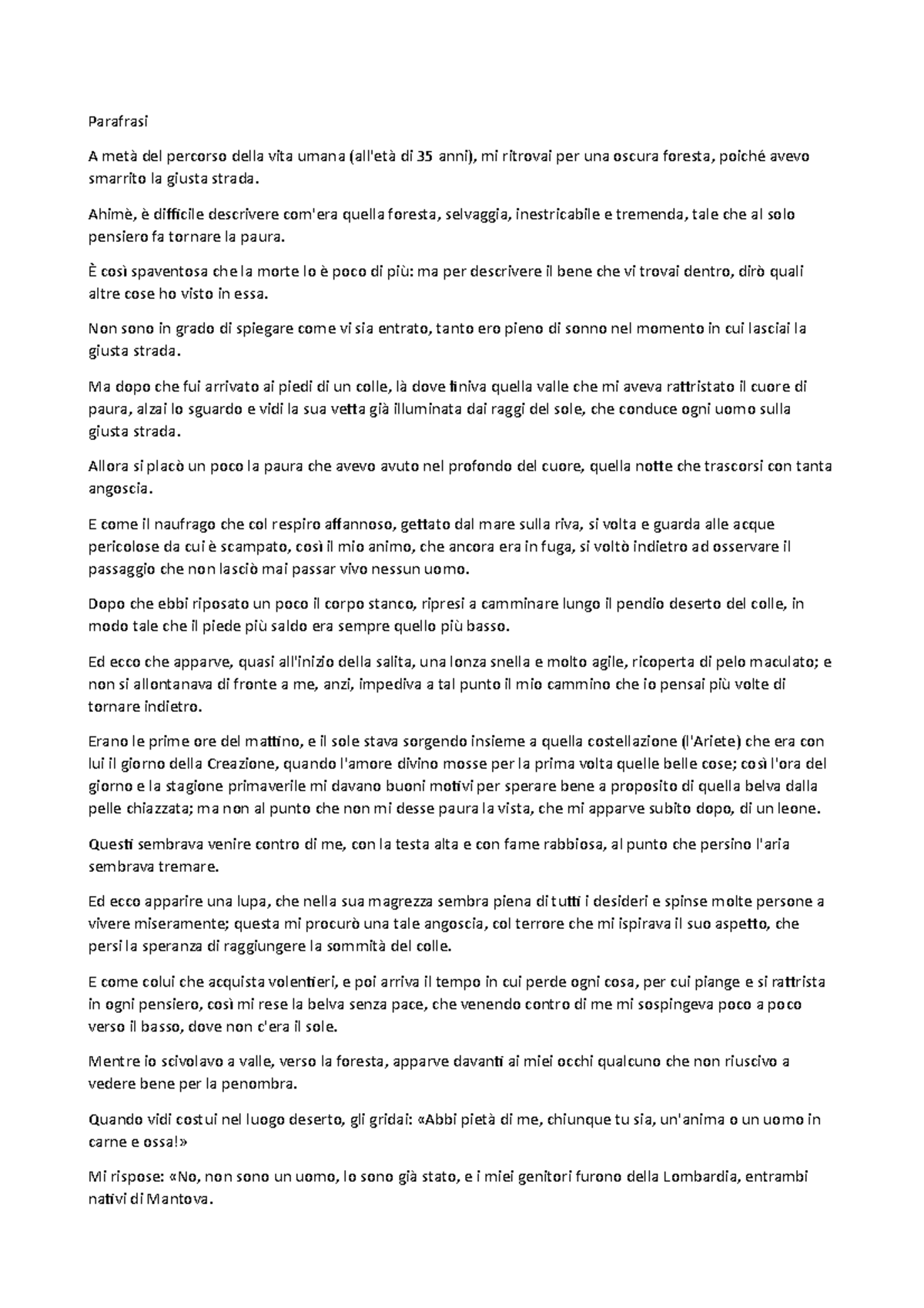 Parafrasi inferno 1 verso dante pres