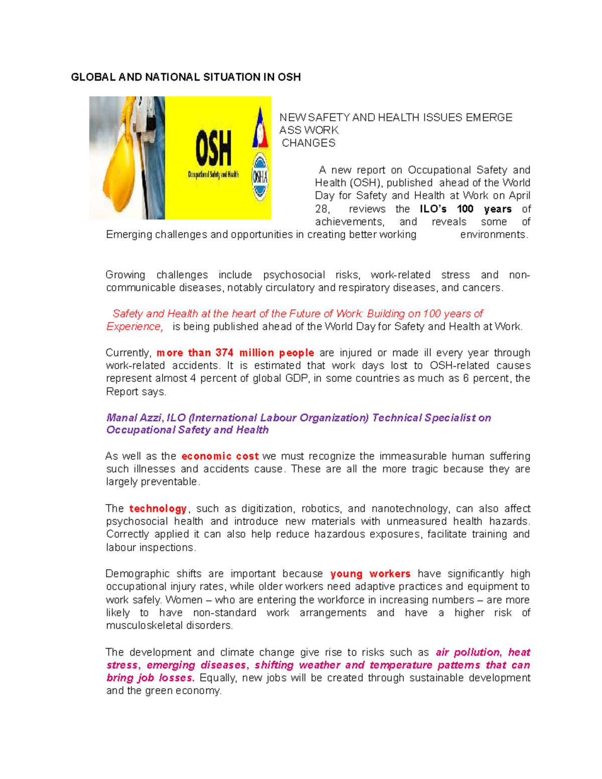 IM 1 -Construction Occupational Safety Health - GLOBAL AND NATIONAL ...