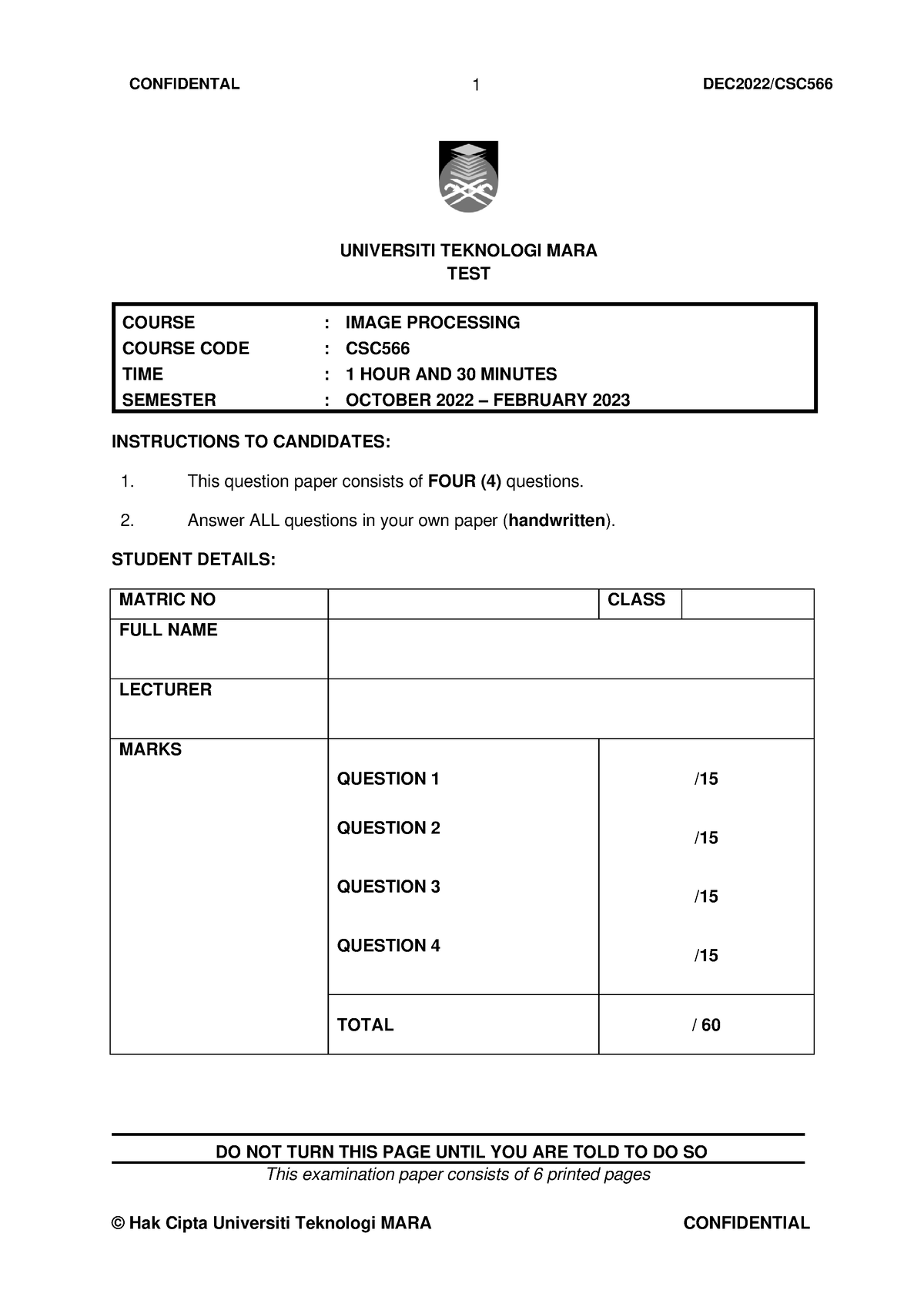 CSC566-TEST-NOV2022 - Question - Finalized - UNIVERSITI TEKNOLOGI MARA ...