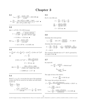 Pytel 3 - 재료역학 솔루션 2 - Chapter 3 3. Τmax= 16 T Πd 3 = 16 ( 45 × 106 )  Π(100) 3 = 229 Mpa◭ Θ=T L Gj = - Studocu