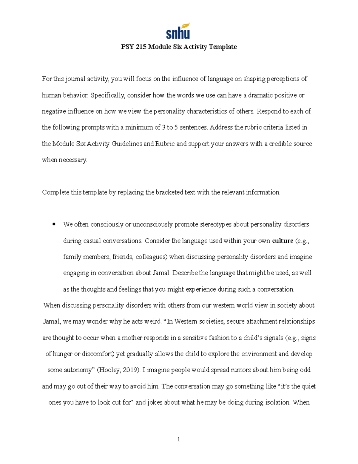 PSY 215 Module Six Activity Templatefinished - PSY 215 Module Six ...
