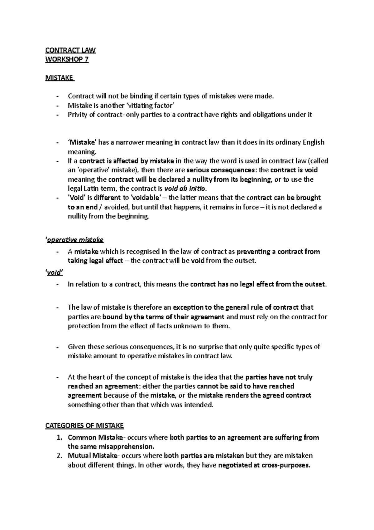 Mistake - CONTRACT LAW WORKSHOP 7 MISTAKE Contract Will Not Be Binding ...