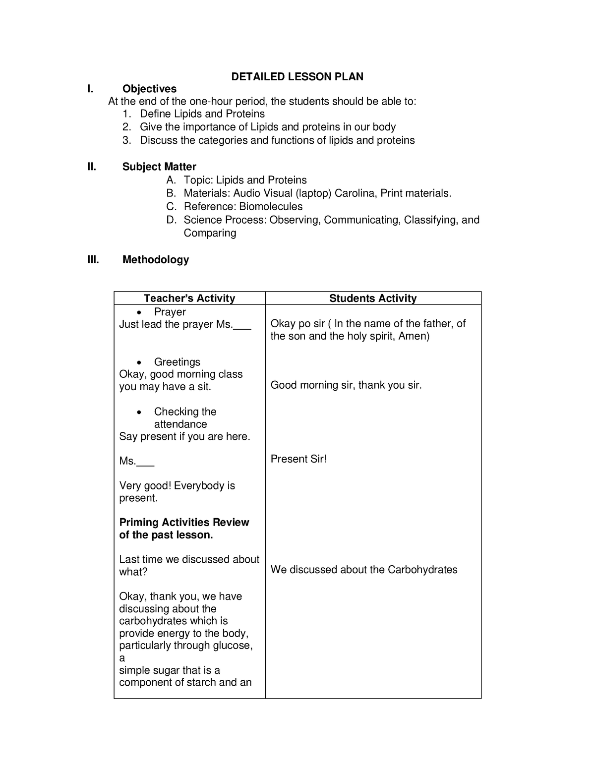 DLP - Example Detailed Lesson Plan - DETAILED LESSON PLAN I. Objectives ...