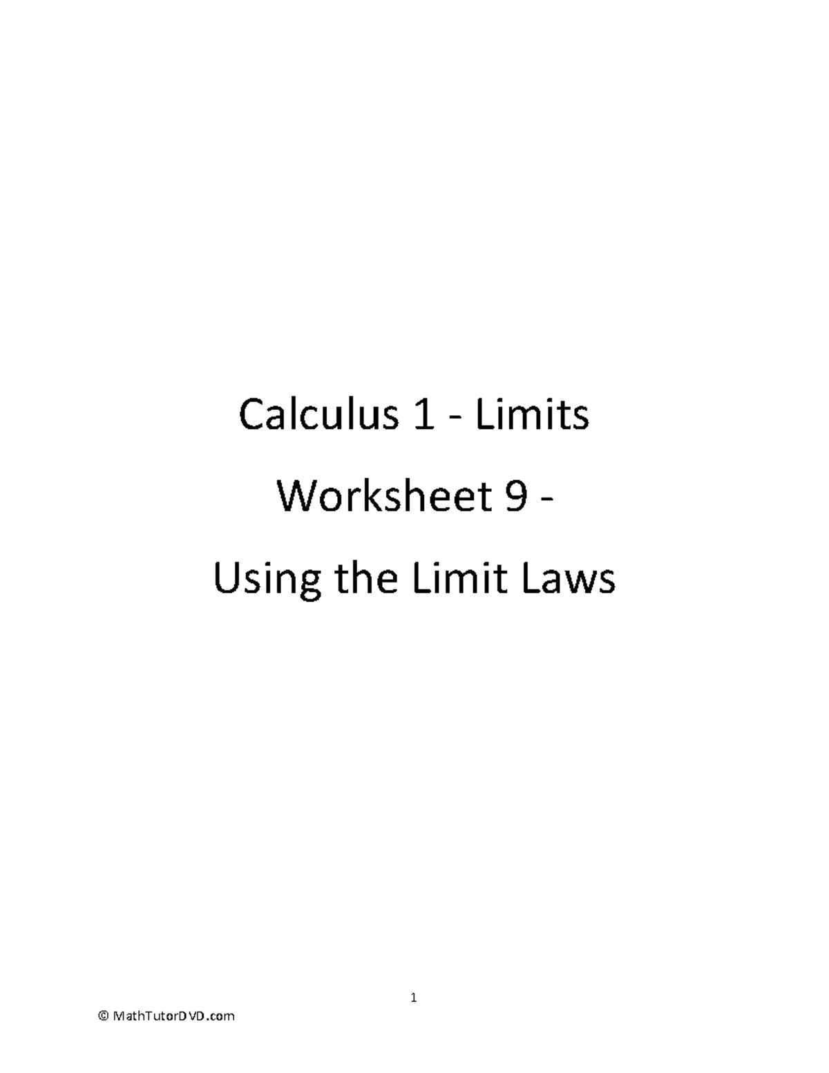 Calculus+1+ +Limits+ +Worksheet+9+ +Using+the+Limit+Laws - 1 Calculus 1 ...