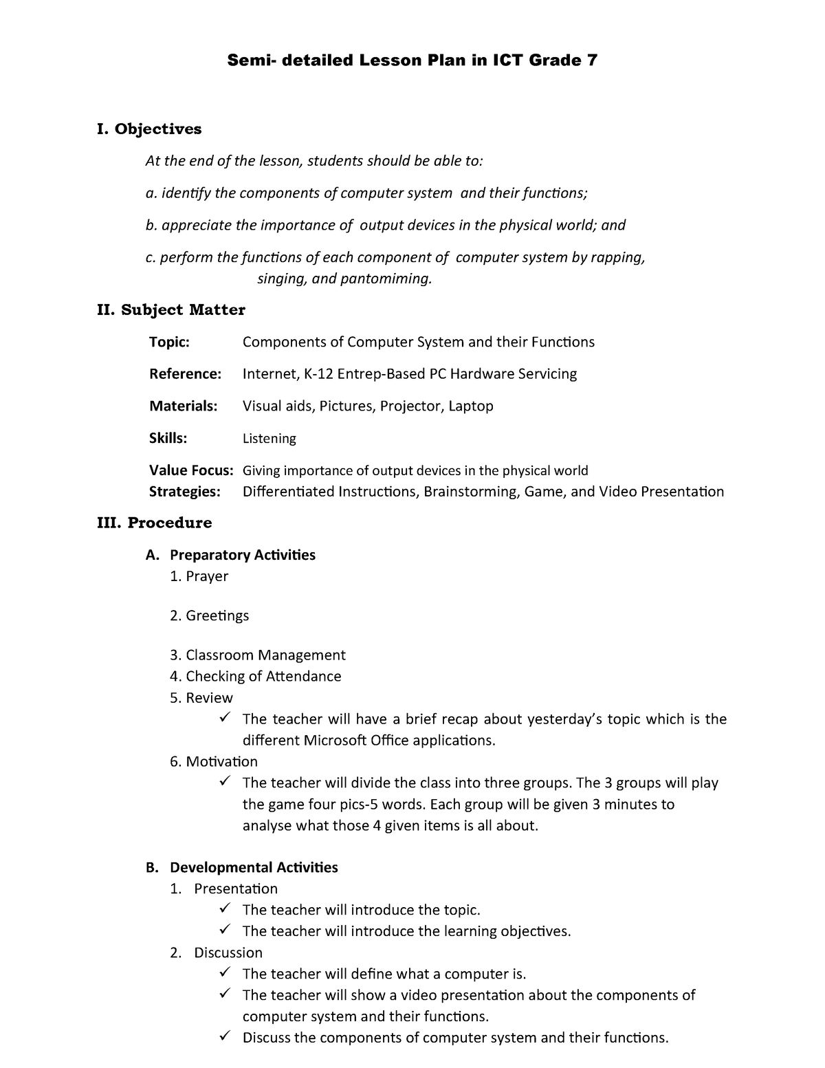 Toaz - files lesson plan - Semi- detailed Lesson Plan in ICT Grade 7 I ...