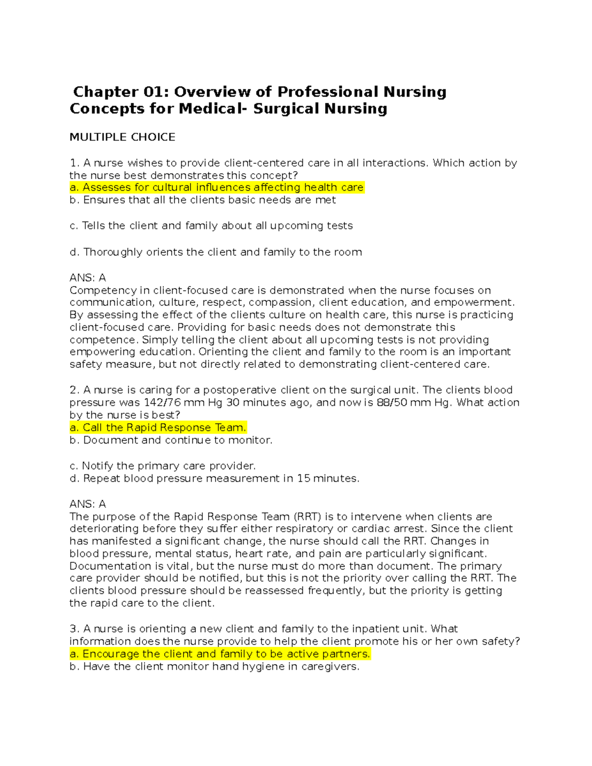 AH final Chapter 01 Overview of Professional Nursing Concepts for