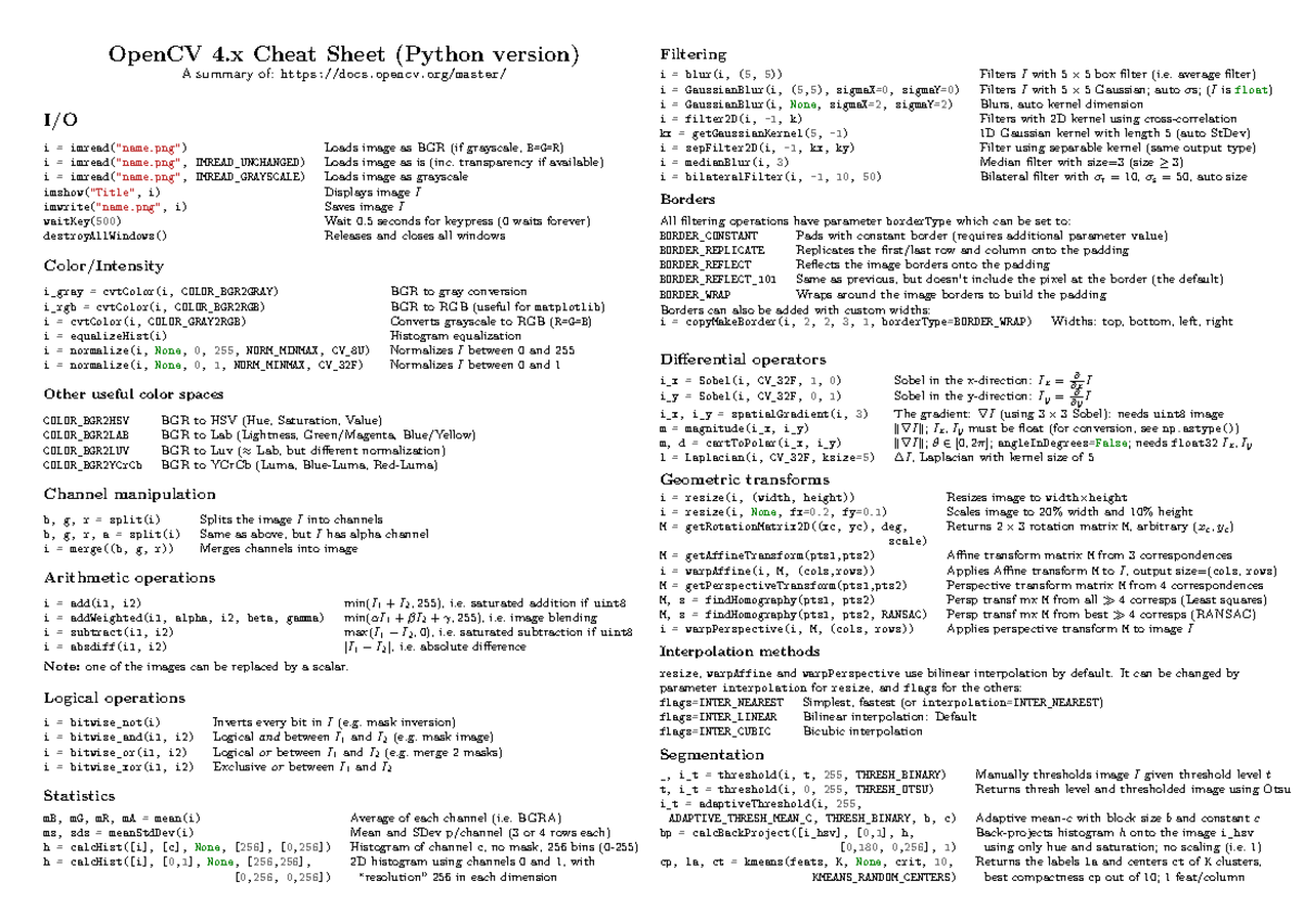 Cv2cheatsheet - Samenvatting Image Analysis - OpenCV 4 Cheat Sheet ...