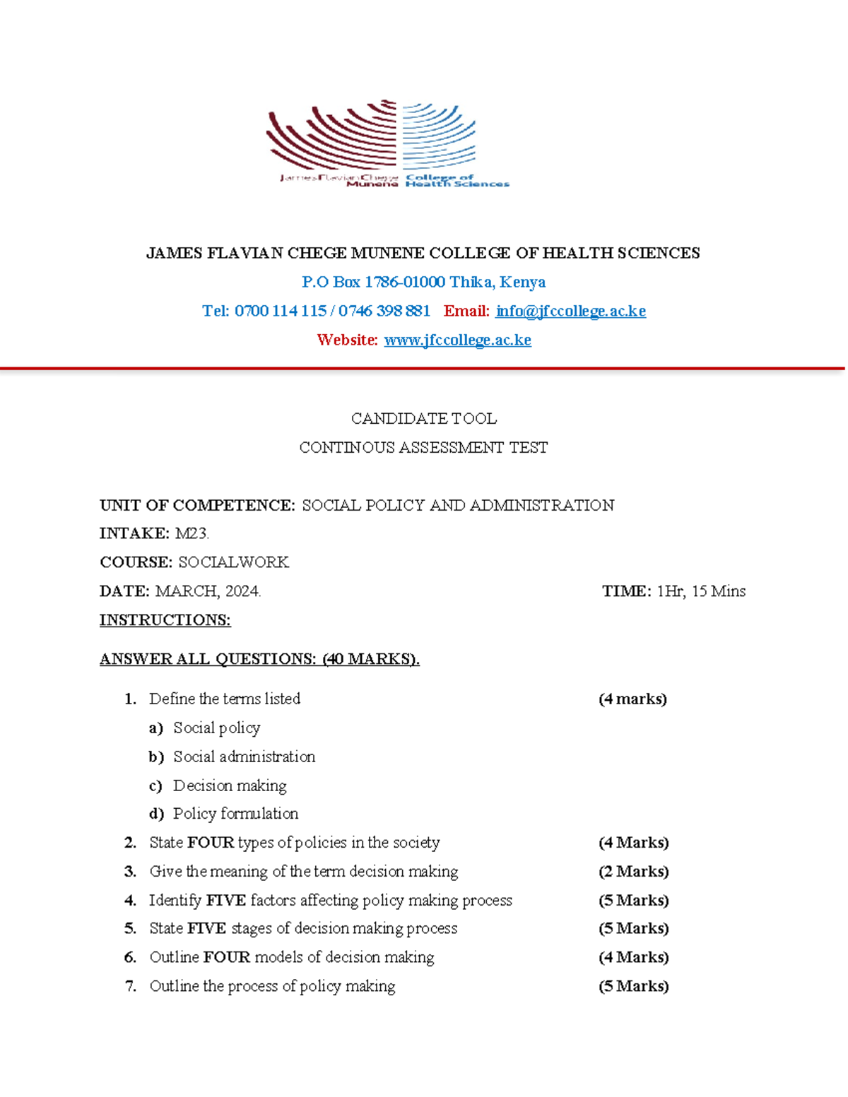 Social Policy AND Administration - JAMES FLAVIAN CHEGE MUNENE COLLEGE ...