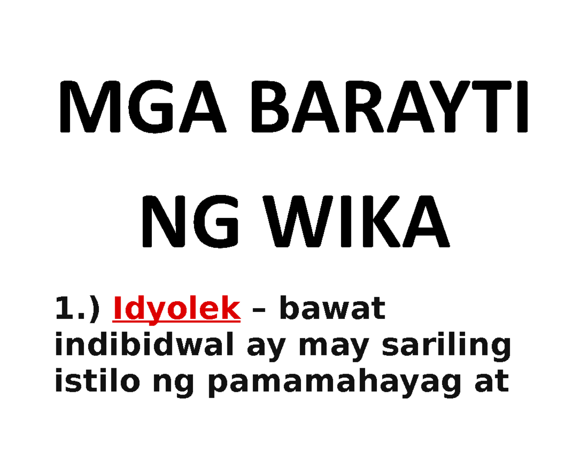 MGA Barayti NG WIKA Visual - MGA BARAYTI NG WIKA 1.) Idyolek – Bawat ...