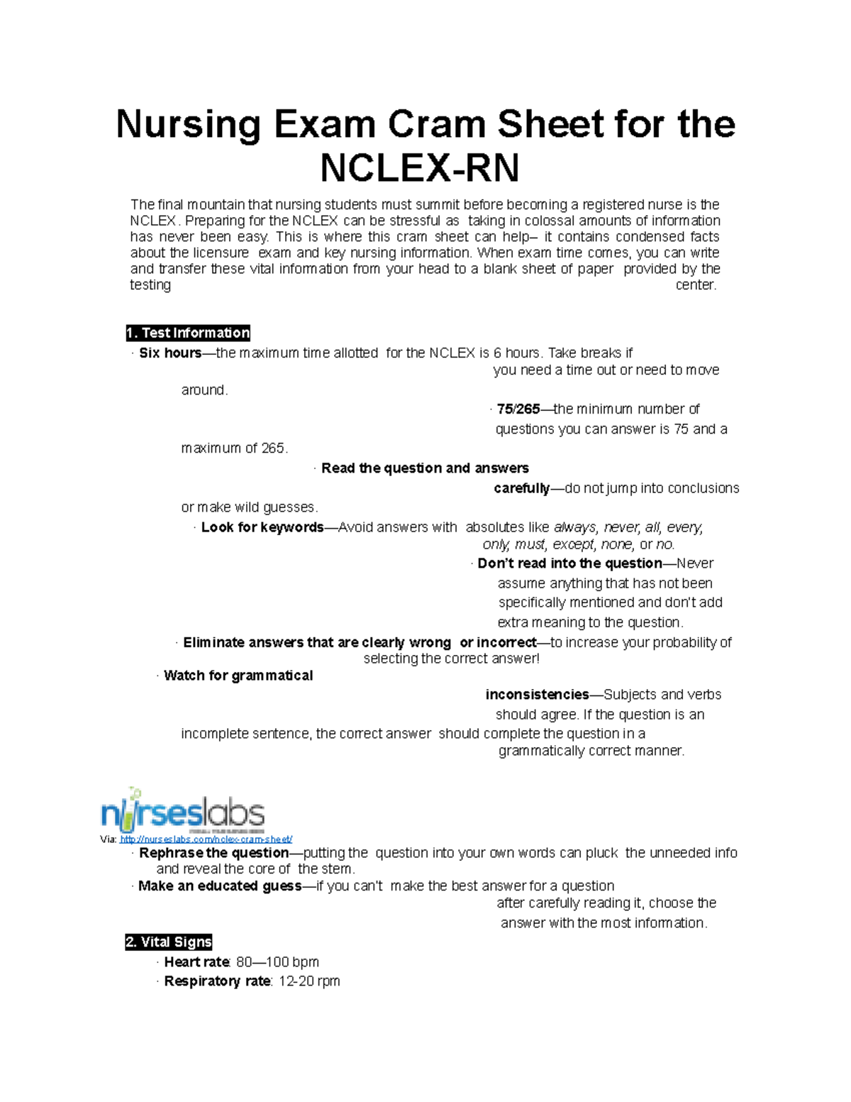 Nclex Cram Sheet - Practice - Nursing Exam Cram Sheet For The NCLEX-RN ...