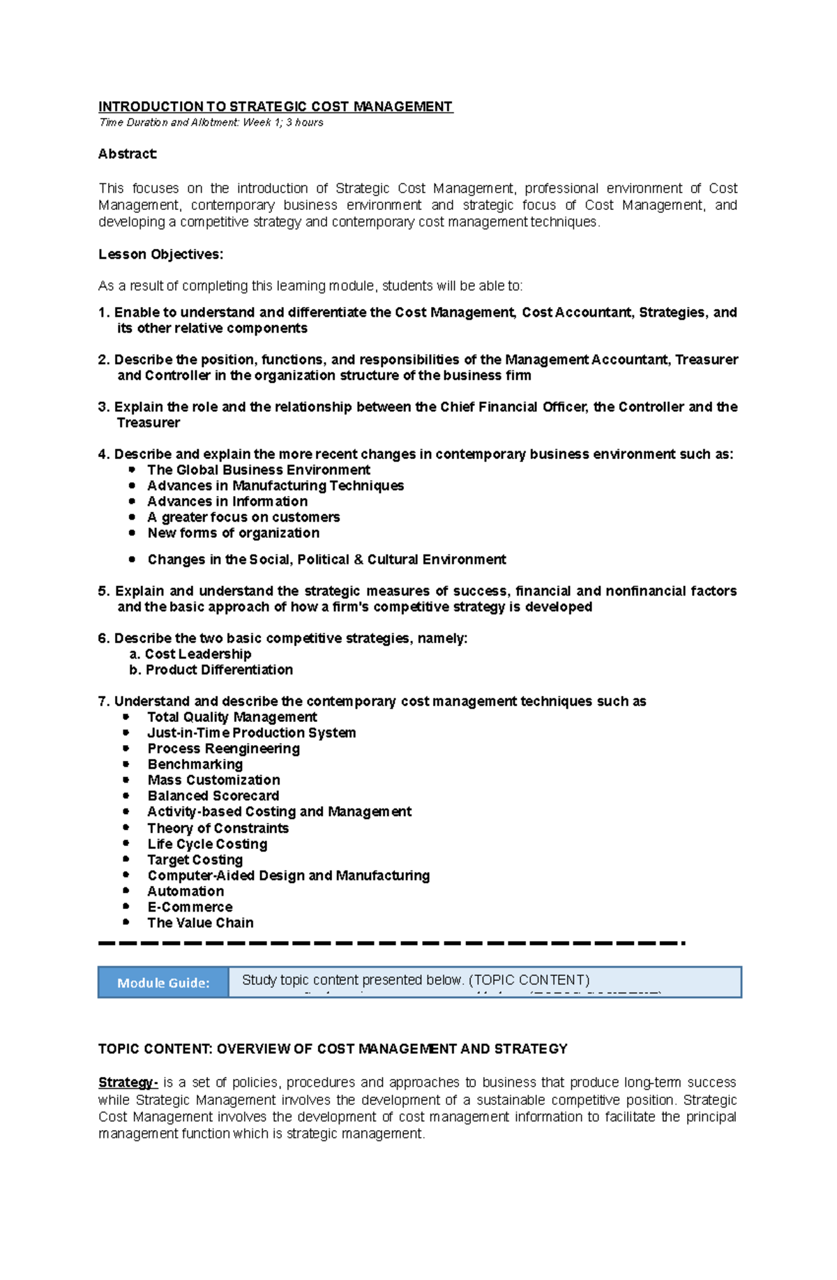 Week-1 - SCM notes ch1-4 - INTRODUCTION TO STRATEGIC COST MANAGEMENT ...