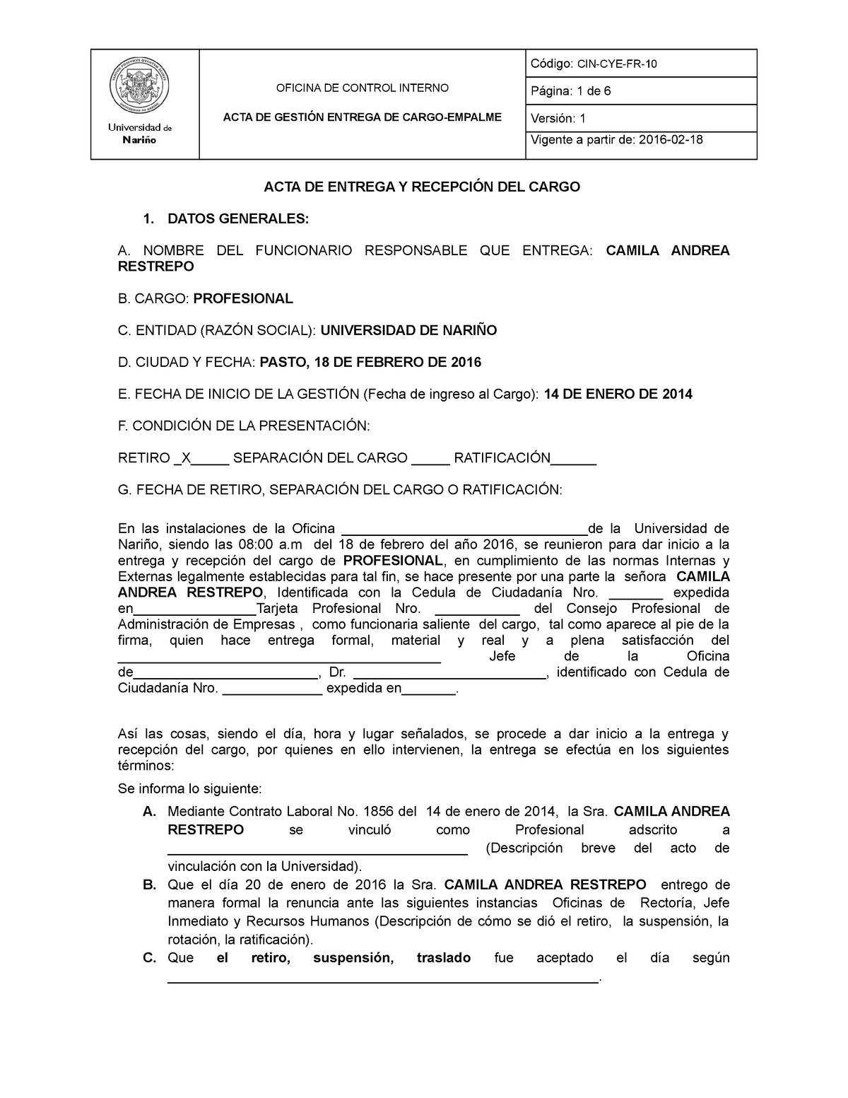 CIN CYE FR 10 Modelo Ejemplo ACTA Gestion Entrega Cargo Empalme - OFICINA DE  CONTROL INTERNO ACTA DE - Studocu