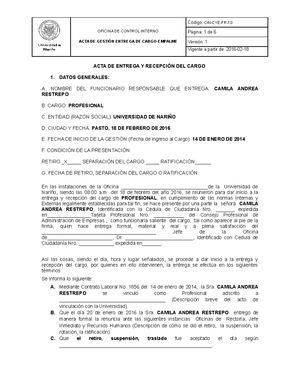 CIN CYE FR 10 Modelo Ejemplo ACTA Gestion Entrega Cargo Empalme - OFICINA  DE CONTROL INTERNO ACTA DE - Studocu