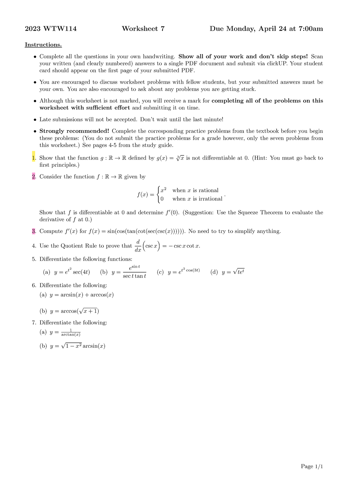 Worksheet 7 - 2023 WTW114 Worksheet 7 Due Monday, April 24 at 7:00am ...