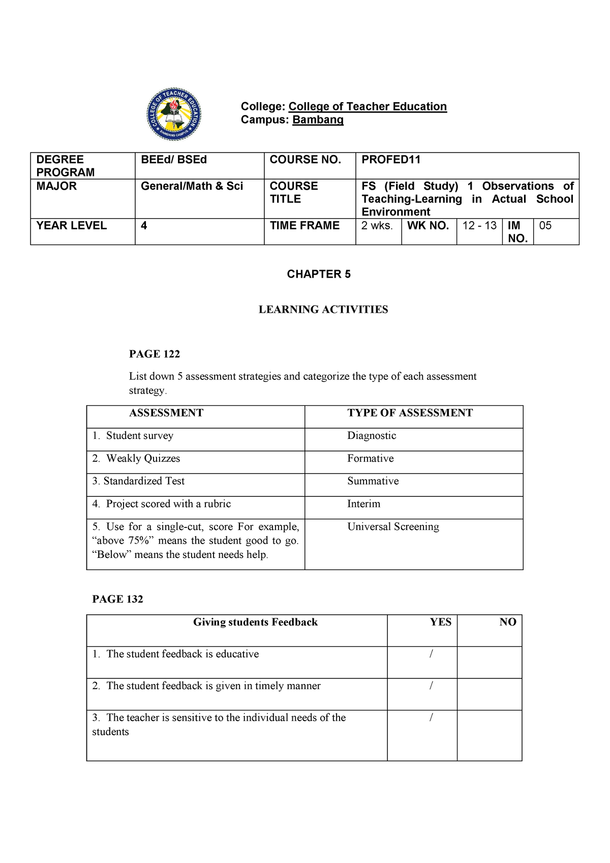 assignment chapter 5 post learning assessment