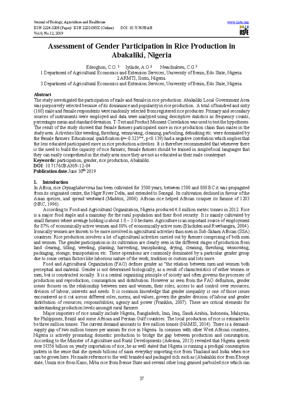 Assessment of Gender Participation in Rice Production in - ISSN 2224 ...