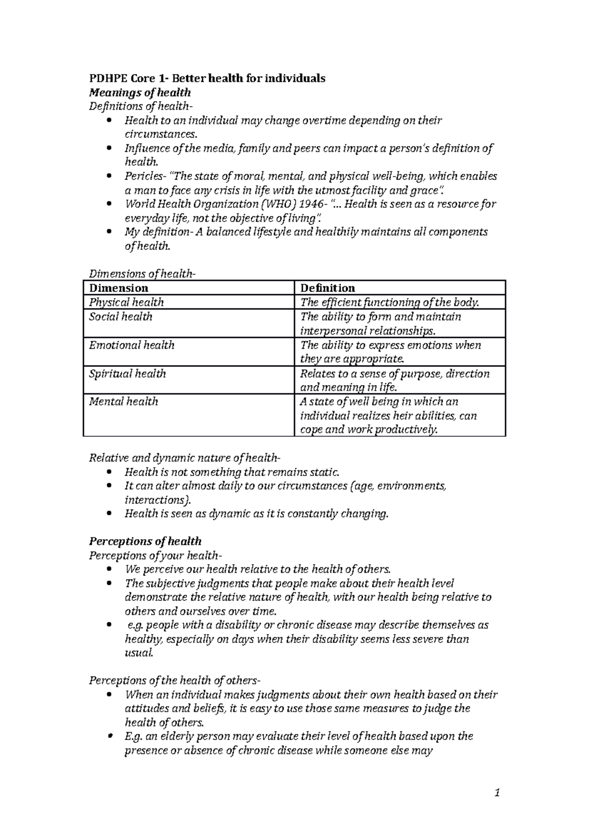 Notes on Core 1- Better Health for Individuals - PDHPE Core 1- Better ...