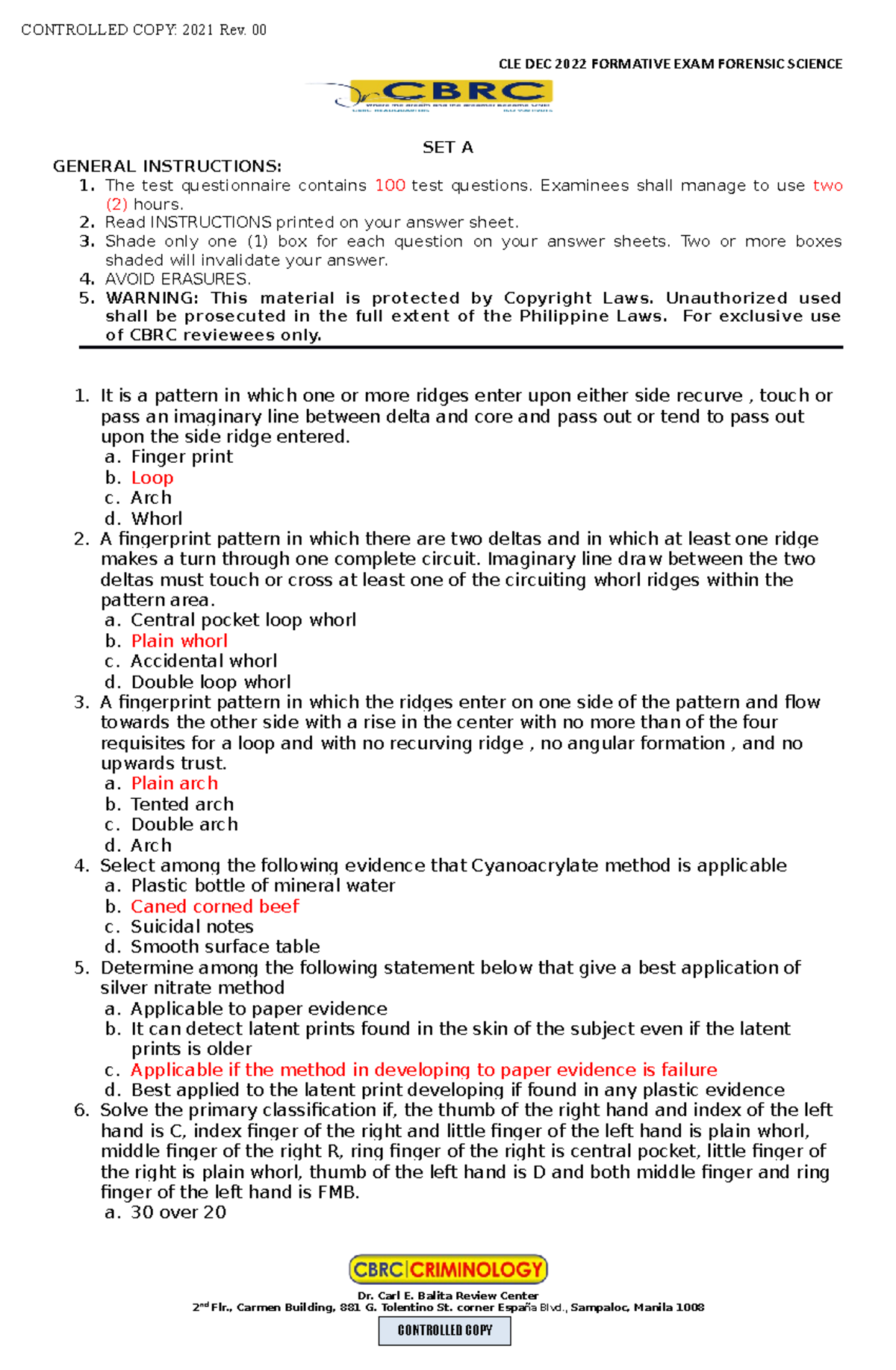 Forensic Science Formative EXAM DEC 2022 CLE DEC 2022 FORMATIVE EXAM