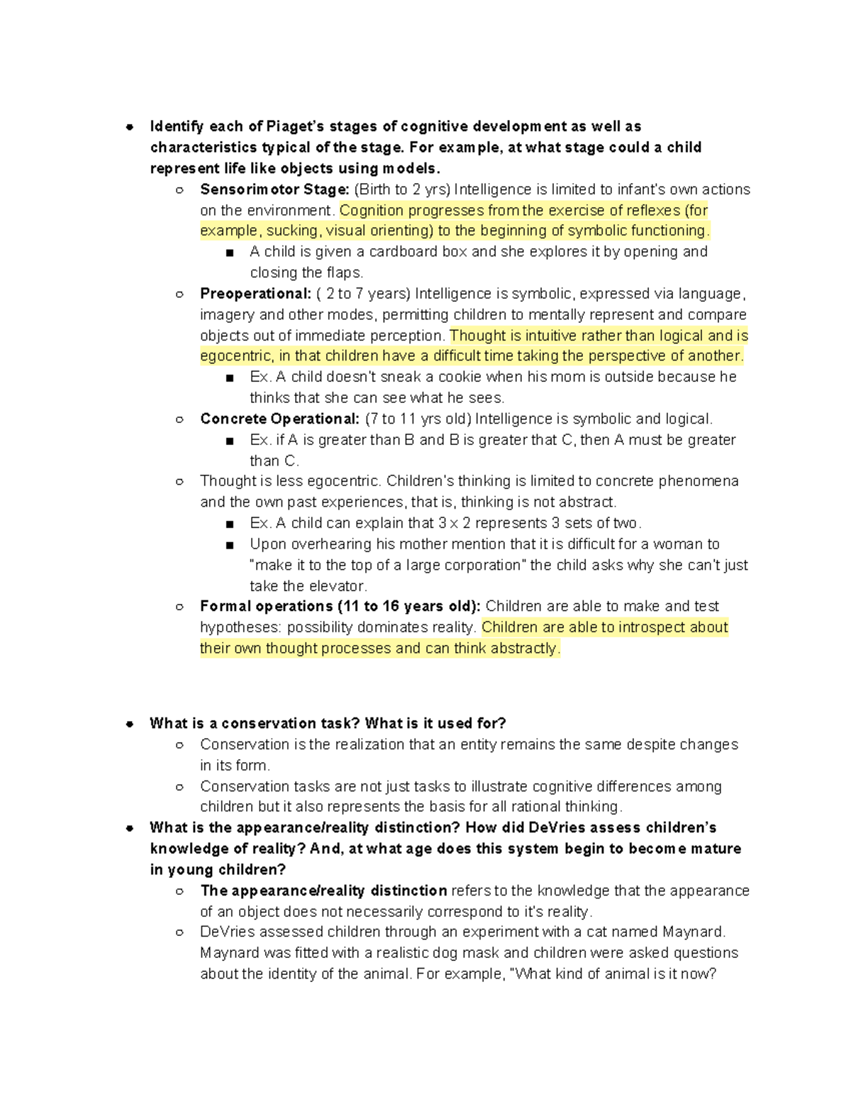 CHDV 137 EXAM 2 Study Guide Identify each of Piaget s stages