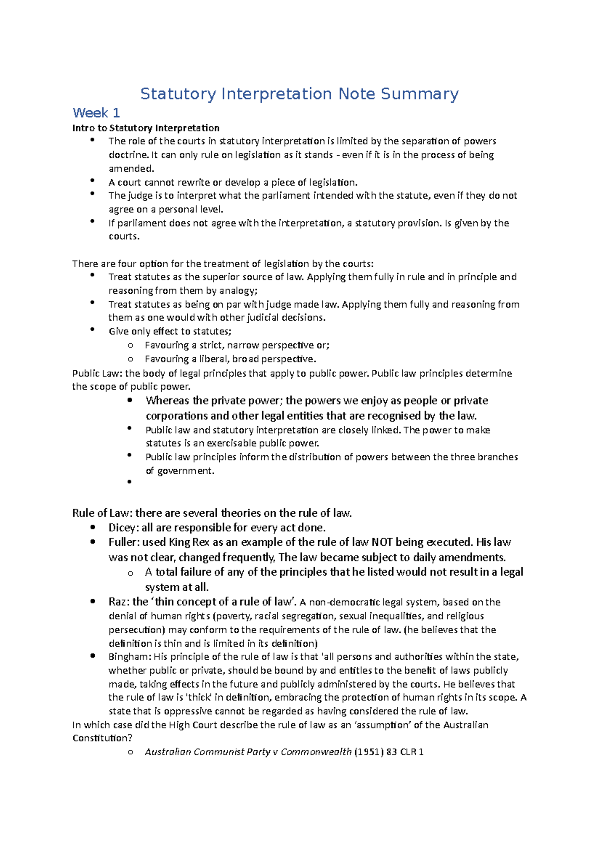 LLB107 Statutory Interpretation Summary Statutory Interpretation Note