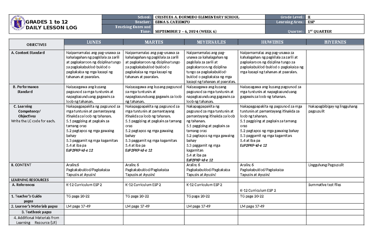 DLL ESP 2 Q1 W6 - nice - GRADES 1 to 12 DAILY LESSON LOG School ...
