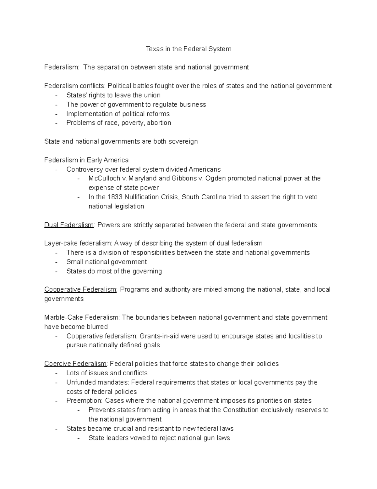 GOVT 2306 Chapter 3 Notes - Texas In The Federal System Federalism: The ...