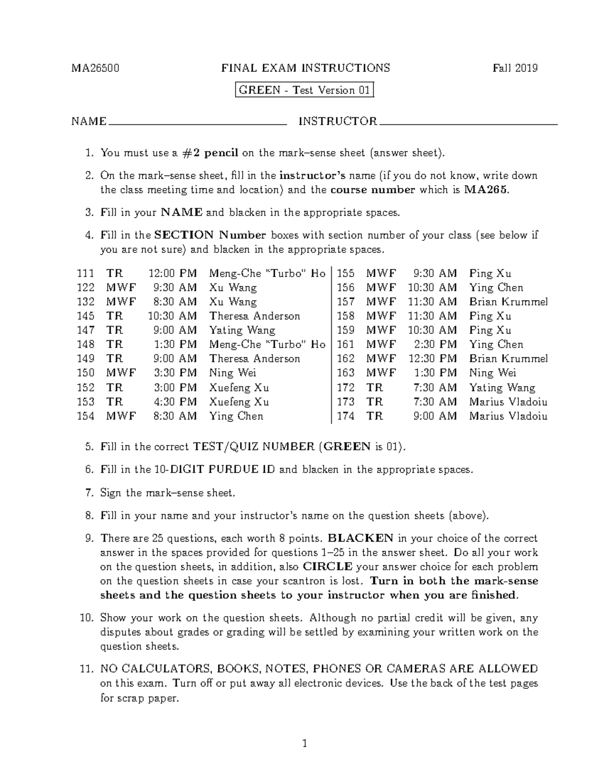 Final exam practice exam - MA26500 FINAL EXAM INSTRUCTIONS Fall 2019 ...