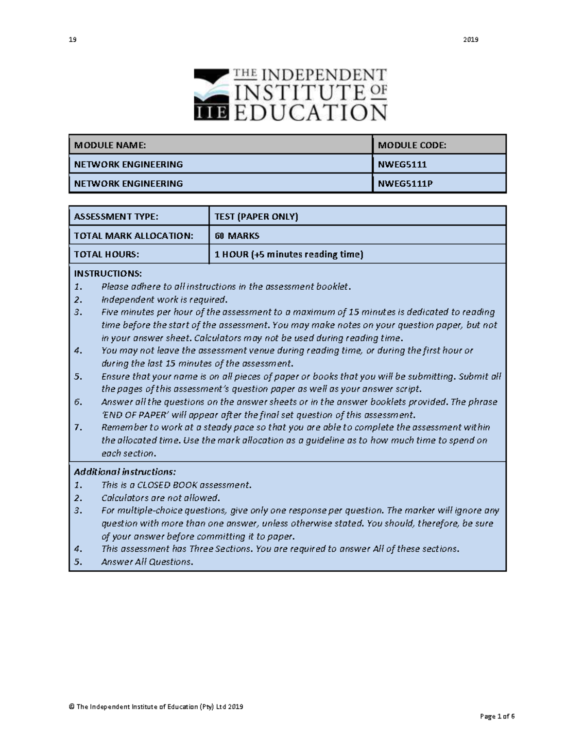 Nweg5111 Ta Past Paper The Independent Institute Of Education Pty Ltd 2019 Module Name Nweg5111 Ta Past Paper The Independent Institute Of Education Pty Ltd 2019 Module Name