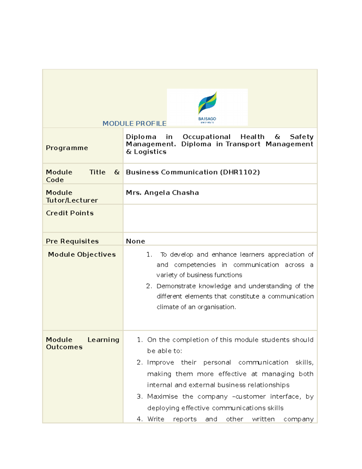 Pr ofile DHR1102 Business Communication - MODULE PROFILE Programme ...