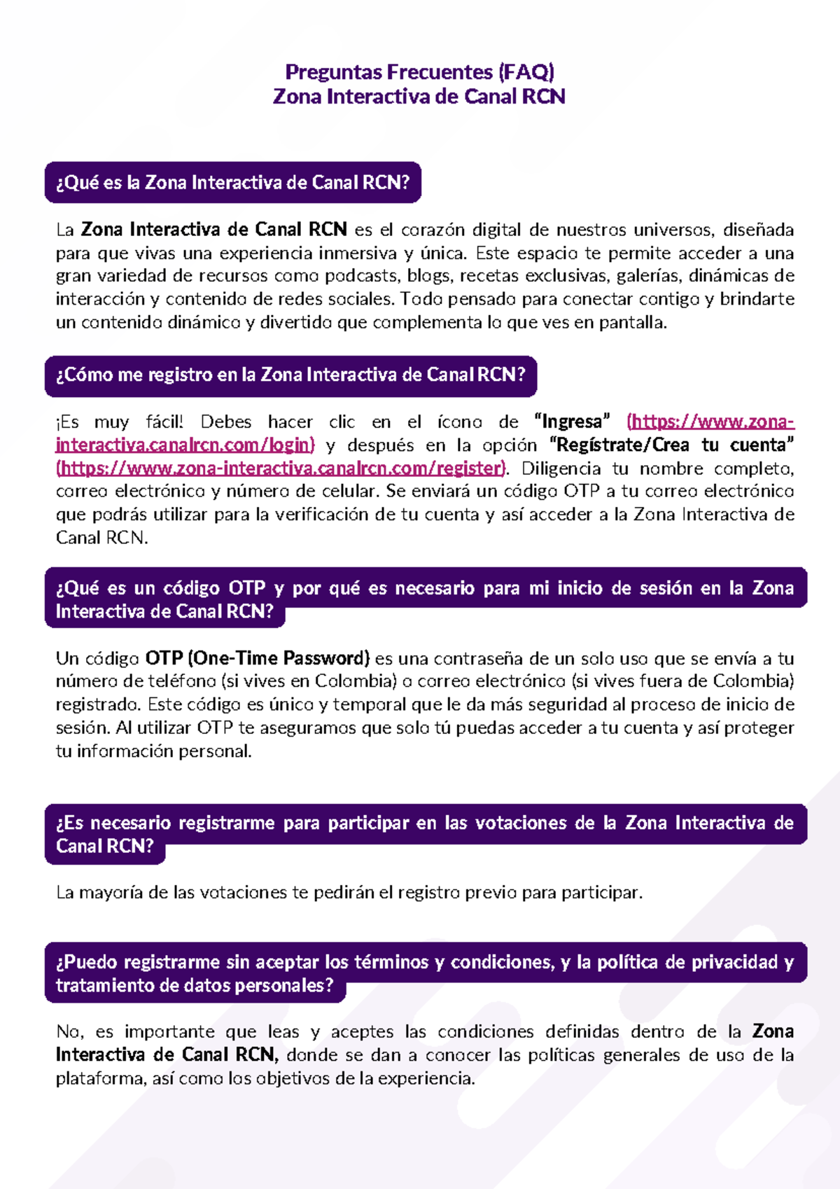 Preguntas Frecuentes (FAQ) - Zona Interactiva de Canal RCN V2 ...