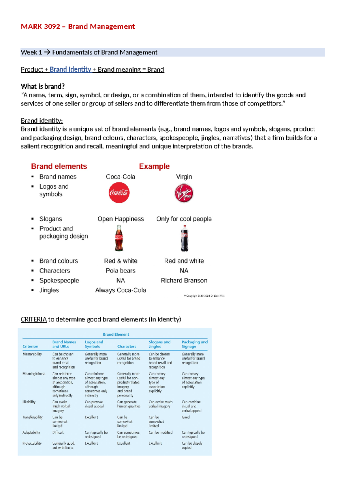 MARK 3092 Notes - MARK 3092 – Brand Management Week 1 Fundamentals of ...