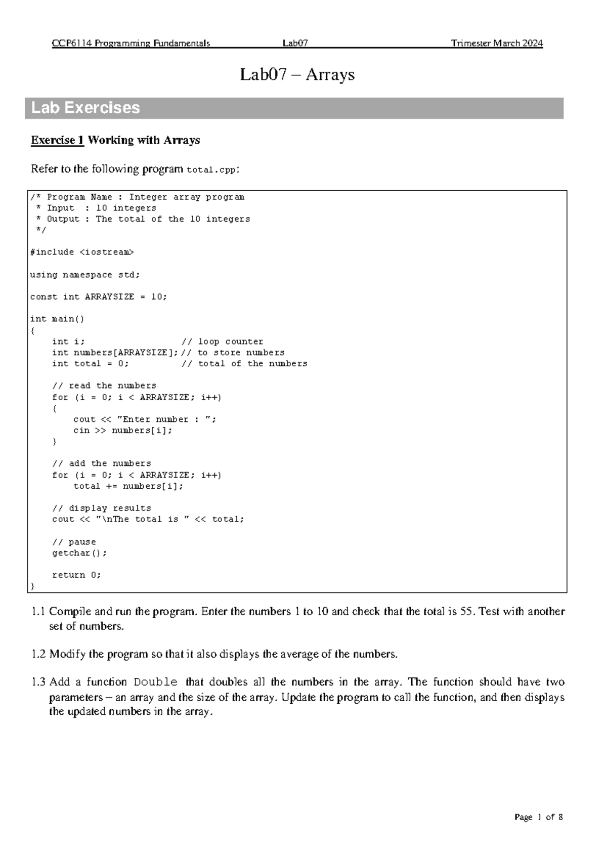Lab07 - Lab0 7 – Arrays Lab Exercises Exercise 1 Working with Arrays ...
