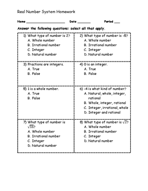 Real Number Systems Homework - Real Number System Homework Name Date ______  - Studocu