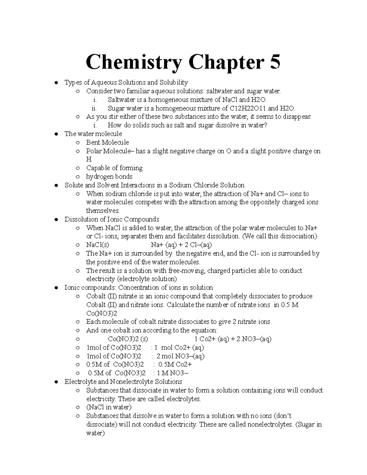 Chem notes chap 5 Chemistry Chapter 5 Types of Aqueous Solutions and