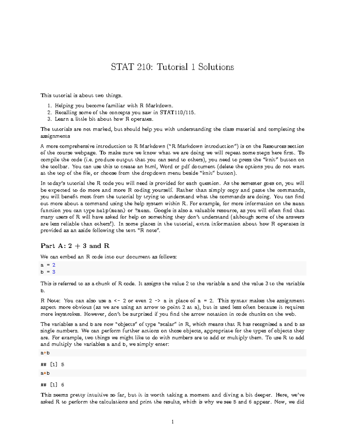 Tutorial Solutions 1-6 - STAT 210: Tutorial 1 Solutions This tutorial ...