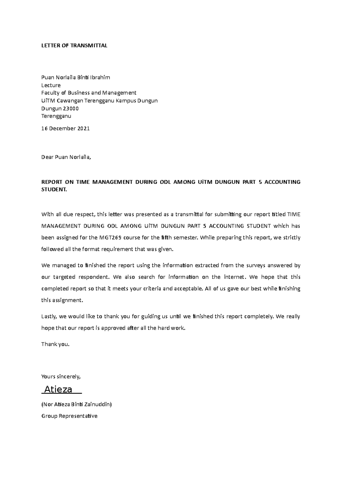 B. Letter Of Transmittal - LETTER OF TRANSMITTAL Puan Norlaila Binti ...